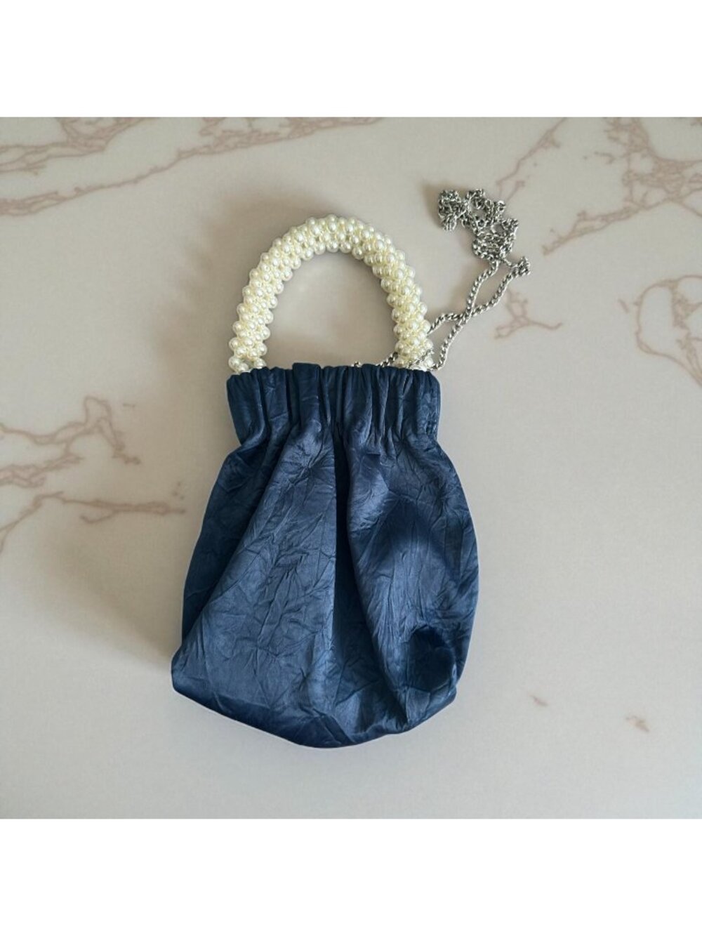 ZARA Pearl Embellished Handle Blue Cocktail Bag with Strap